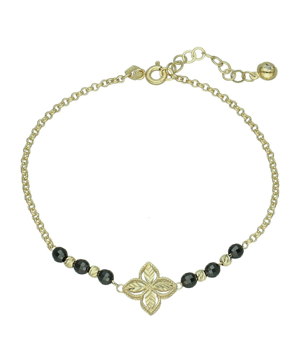 Bransoletka złota czarne cyrkonie próba 585, BR 7931 585 Złota bransoletka wykonana z 14 karatowego żółtego złota. Bransoletka to idealny pomysł na prezent. Złota bransoletka z ozdobnym grawerowanym kwiatkiem, wyk (2).jpg